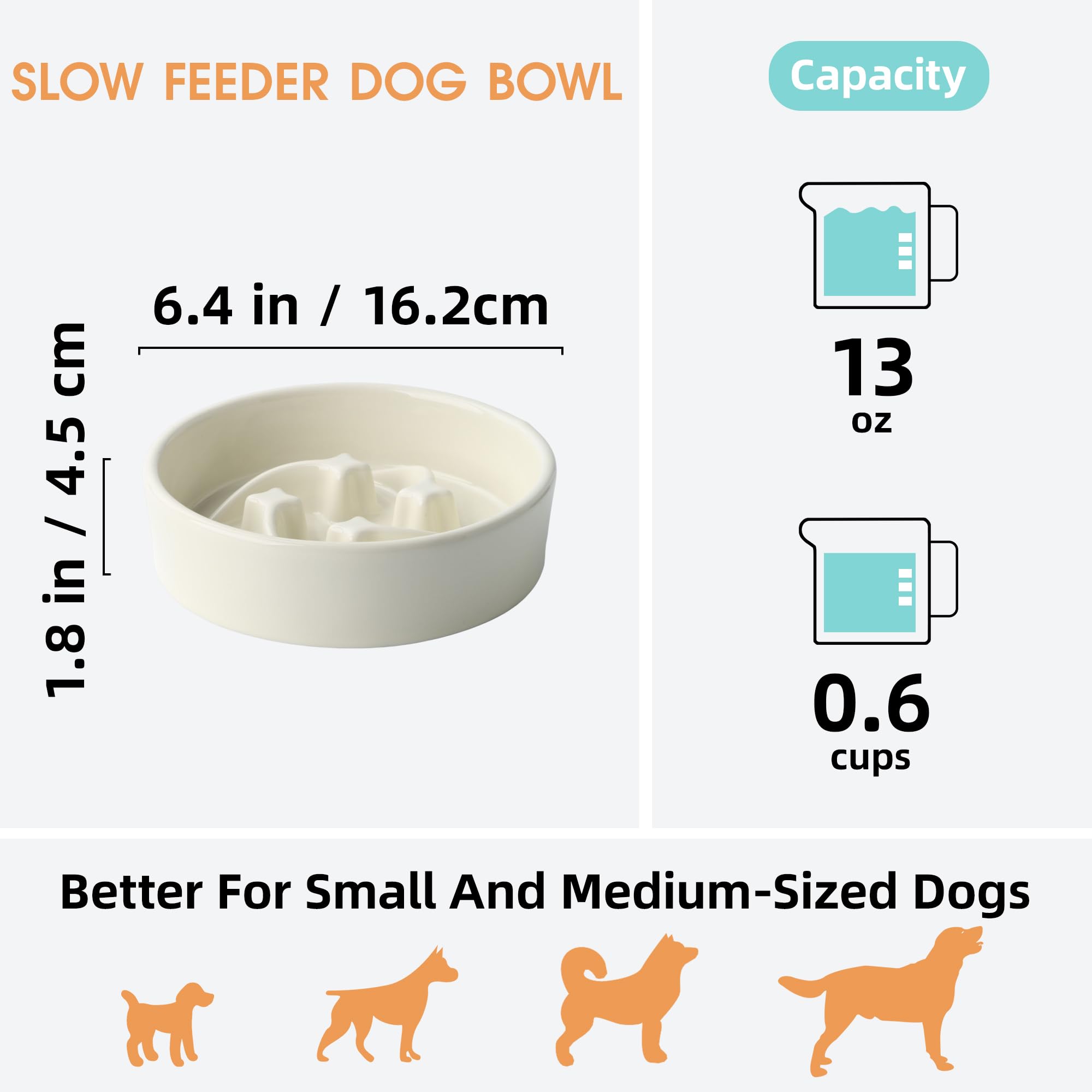 Gamelles en céramique pour chien de petite race, 0,6 tasse pour chien à alimentation lente, gamelle anti-avalage pour chiot réduisant l'étouffement, gamelle pour animaux de compagnie motif
