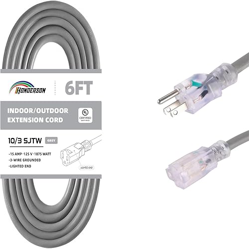 Miniatura 47 de Cable de extensión iluminado para exteriores 12/3 de 6 pies, calibre 12, 3 puntas, SJTW, resistente cable de extensión rojo neón con enchufe de 3
