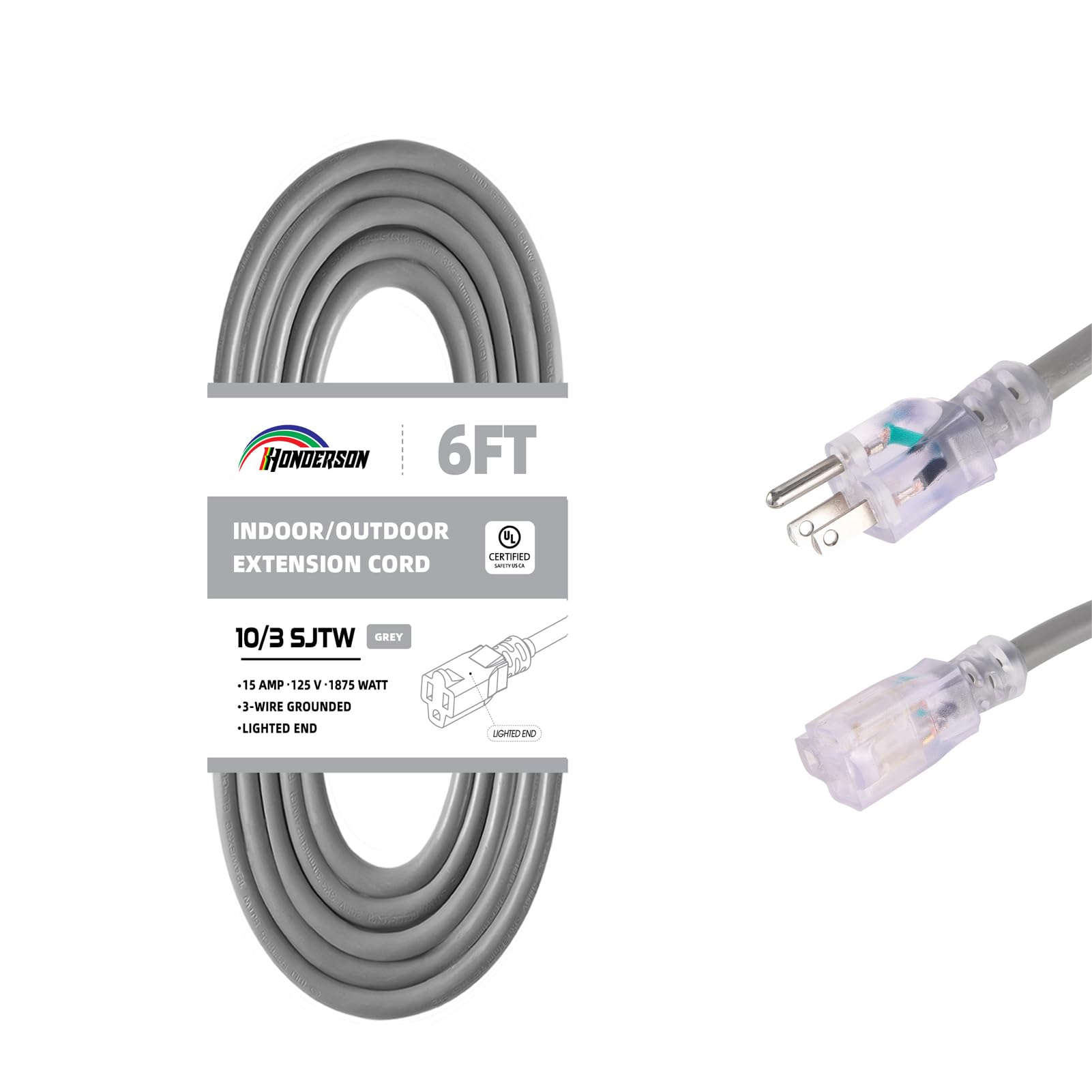 Cavo di prolunga esterno 10/3 grigio, calibro 10 SJTW, cavo di prolunga impermeabile con estremità di spia illuminata, presa di terra a 3 pin per una maggiore sicurezza,