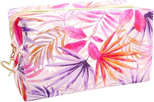 Miniatura 1 de QFSH Bolsa de aseo transparente con estampado de hojas, bolsa de maquillaje transparente, bolsa de cosméticos de viaje, bolsa de cosméticos de PVC,