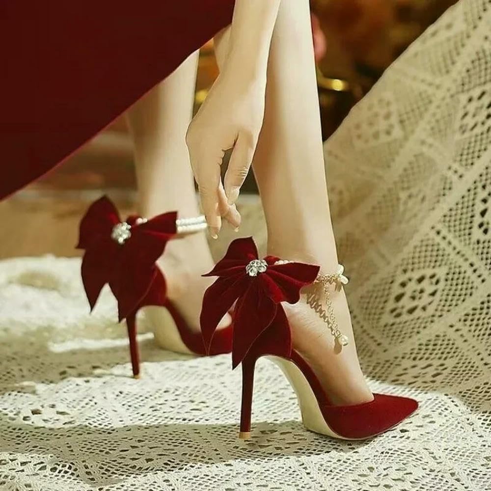 Scarpe da Sposa Rosse Xiuhe Tacco a Spillo Alto con Punta a Punta Bocca Bassa Fiocco Perla Una Parola Fibbia Cinturino Due Scarpe da Sposa da Indossare