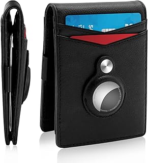 Airtag Wallet Bifold [Genuine Leather] Air Tag Wallet RFID Blocking Slim Minimalist Air Tag Wallet with Build-in AirTag Case for Apple AirTag for Men (Black)