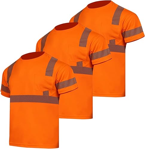FONIRRA Paquete de 3 camisetas de seguridad Hi Vis con bolsillo para hombre, ANSI Clase 2, reflectantes, con manga corta, color naranja, talla 2XL