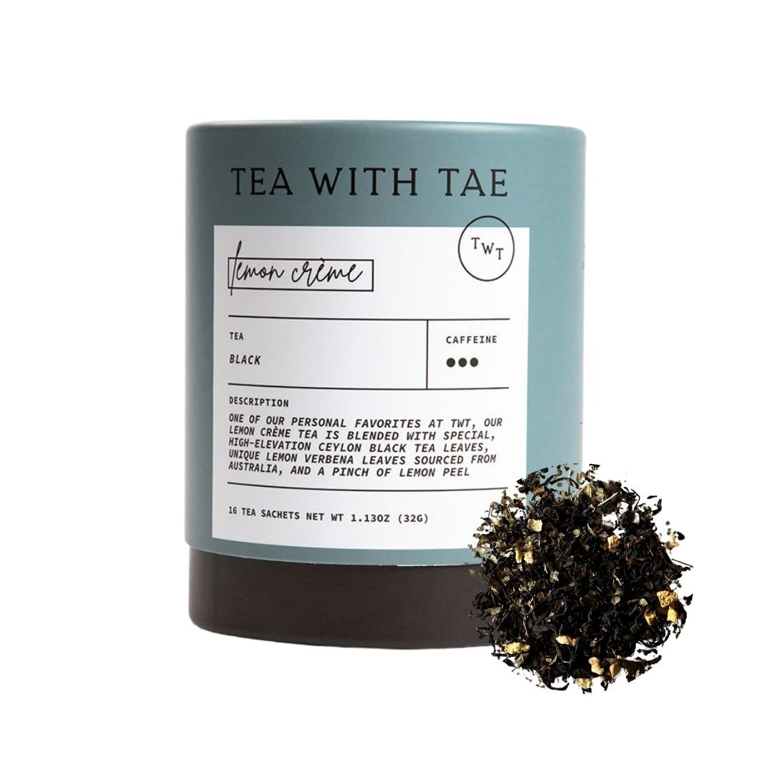 Tea with Tae - LEMON CRÈME 16 Sachets - Beautiful Tea Gift - All-Natural Ceylon Black Tea Leaves, Lemon Verbena, Lemon Peel - Resealable Large Tube to Preserve Freshness