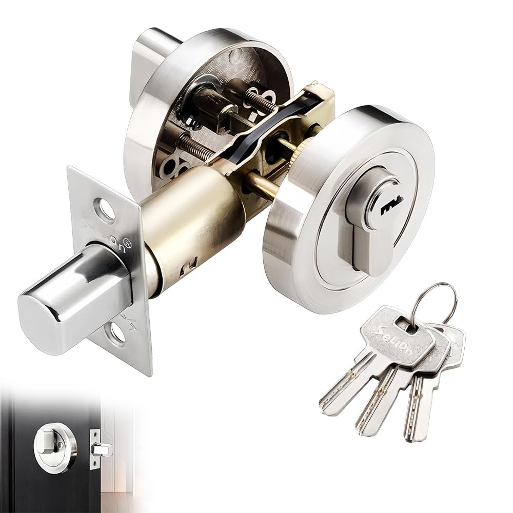 Single Cylinder Deadbolt, 35-50mm Round Security Lock with Key, Zinc Alloy Deadbolt Standard Size, Invisible Modern Door Locks, for Bathroom, Bedroom, Entrance Doors, Silver