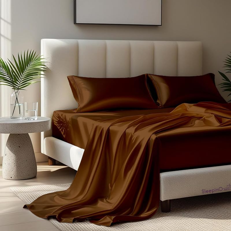 Image of Premium Satin Double Bed (90x100 Inchs) with 2 Pillow Cover Bedsheet Ultra Soft & Silky Smooth, Breathable Cooling Fabric, Luxury Glossy Finish|Chocolate
