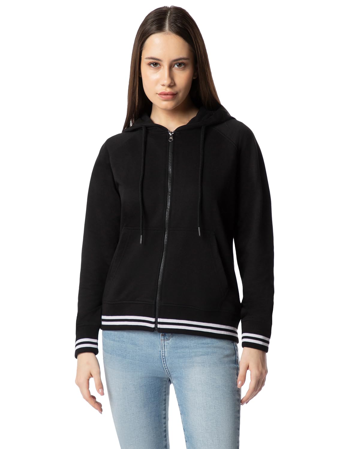 fyltr Women's Winter Hoodie with Stripe Rib Detail - Sporty Raglan Sleeve | Spacious Side Pockets | Full Zipper | Sweatshirts for Women | Casual Winterwear-picture-35