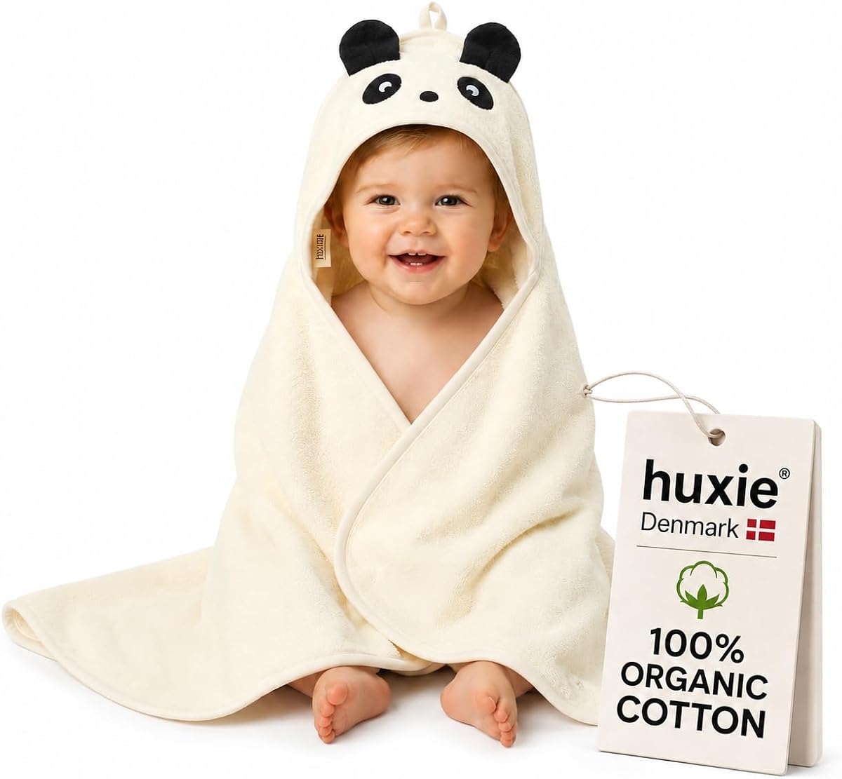 Hooded Baby Bath Towel, 100% Organic Cotton, Super-Soft 32"x32" | GOTS-certified, highly absorbent & quick-dry, snug hood from newborn to toddler, gentle baby gift (Panda)