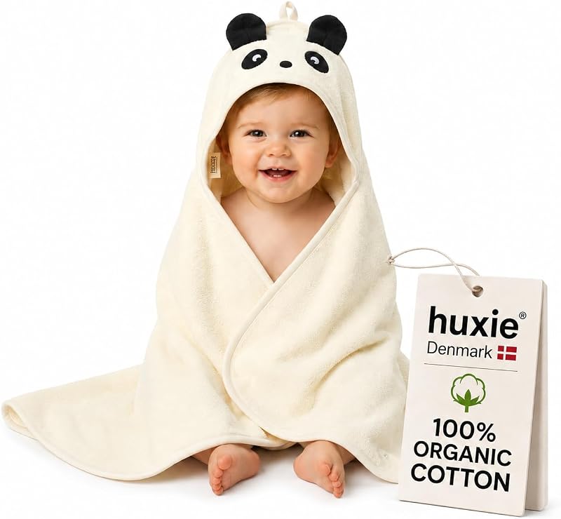 Hooded Baby Bath Towel, 100% Organic Cotton, Super-Soft 32"x32" | GOTS-certified, highly absorbent & quick-dry, snug hood from newborn to toddler, gentle baby gift (Panda)