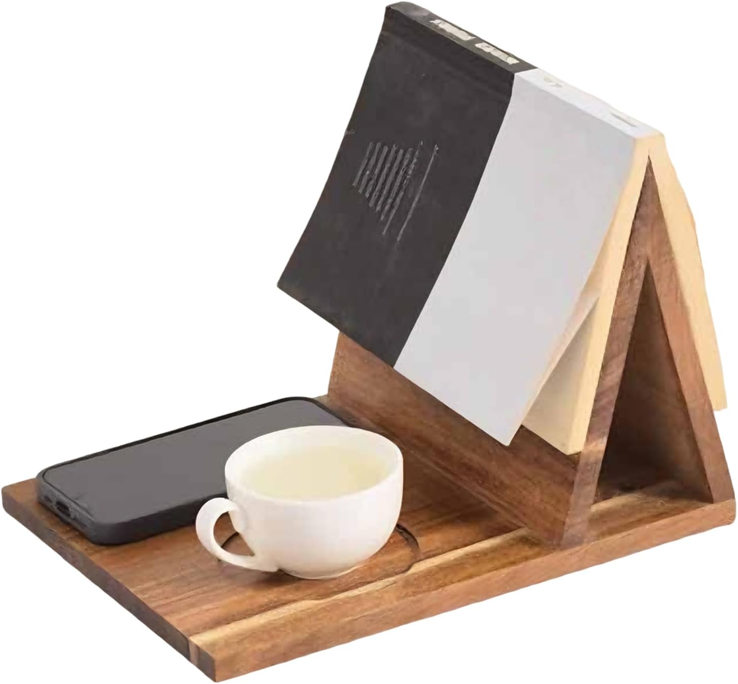 Wooden Book Holder, Triangle Reading Stand, Adjustable Valet with Cup Phone Slot, Solid Desk Accessory with Stable Design, Bedside Organizer, Book Display for Home Bedroom Living Room Table Use