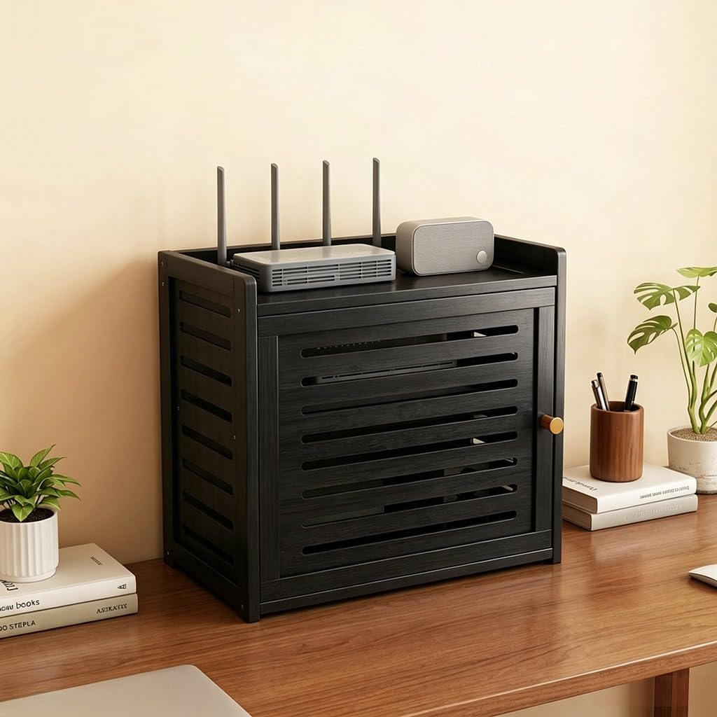MESCXTY Small WiFi Router Storage Cabinet Shelf Organizer Hidden Box for Modem,Power Strip and Cable Management Hider Organizer,for Bedrooms,Living Rooms(Black,15.9 * 7.8 11in)