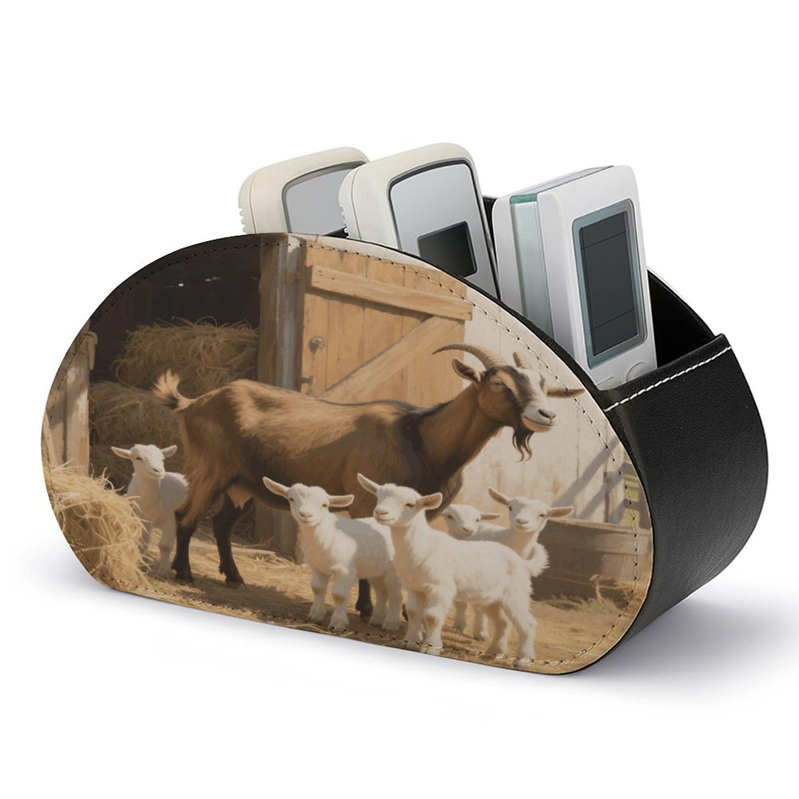 VstaDank Farm Animal Cute Goat Remote Control Holder with 5 Compartments PU Leather TV Remoter Caddy Desktop Organizer TV Remote Holder Remote Box for Media Controllers Office Supplies
