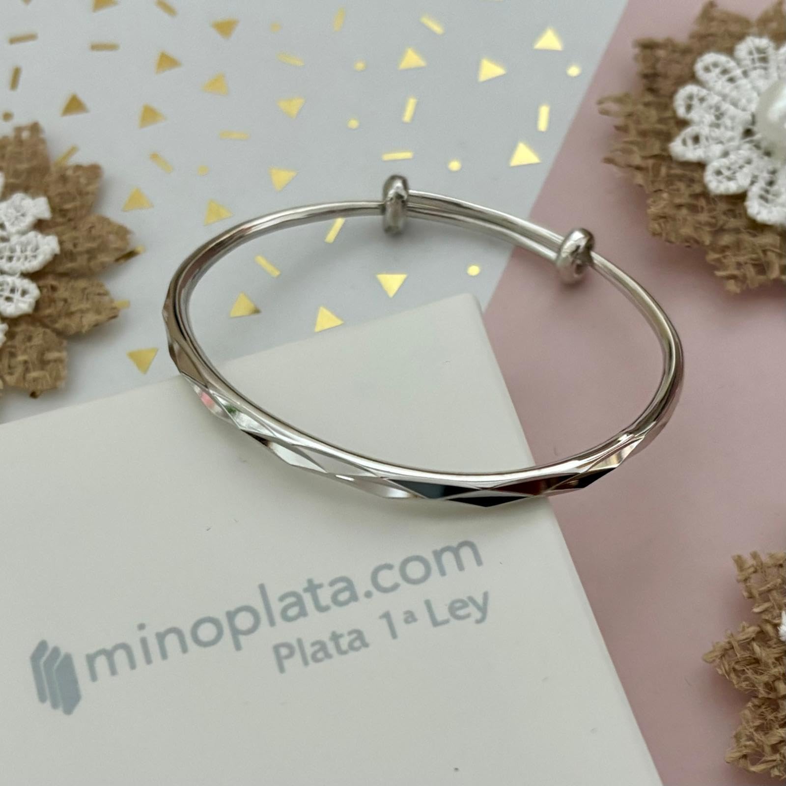Pulsera media caña infantil ajustable de Plata de ley rodiada
