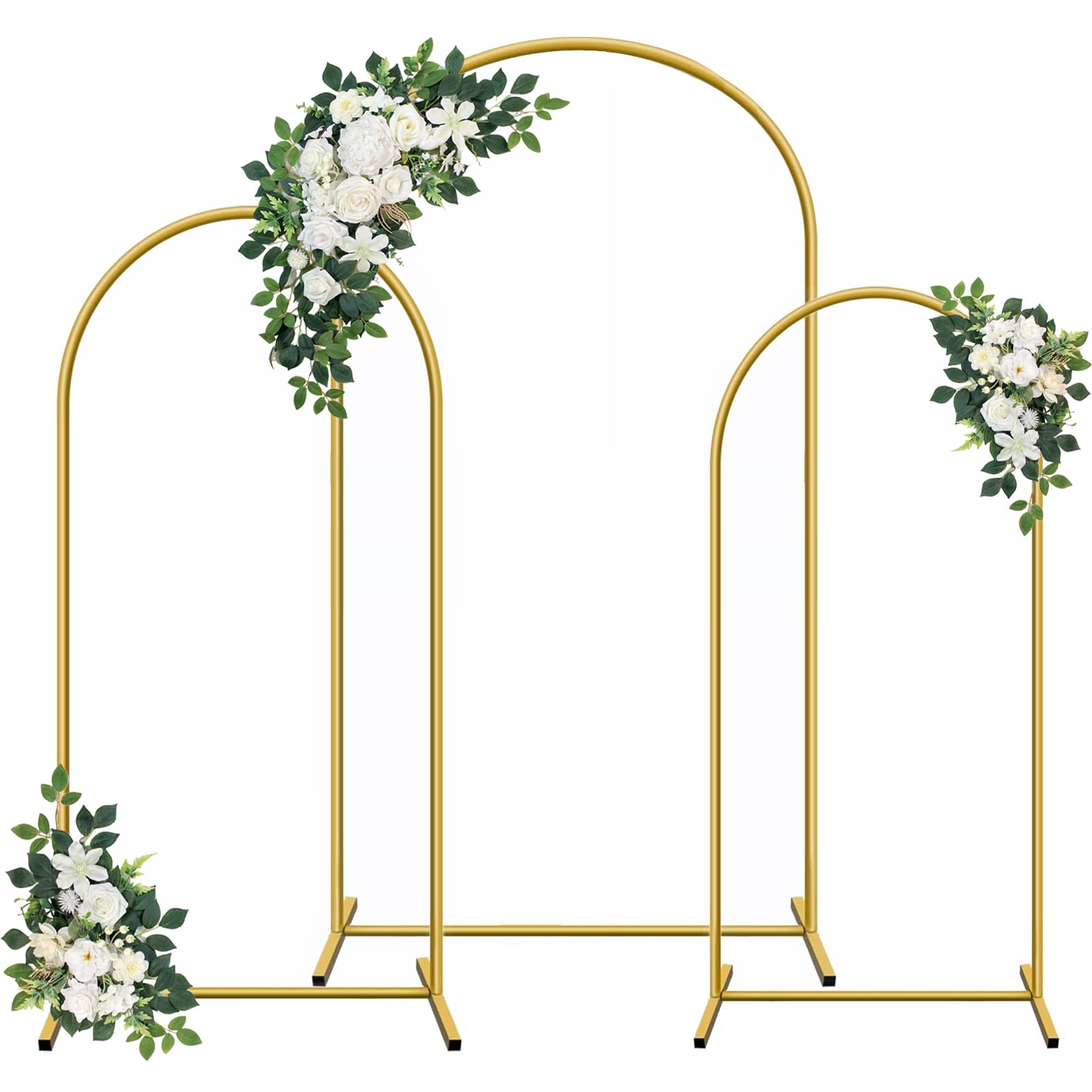 Aexeugne Gold Arch Backdrop Stand Set of 3 (7.2ft/6.6ft/6ft) - Metal Semicircle Wedding Arch Frame with 12 U-Shaped Ground Stakes, Stable Balloon Floral Background for Birthday Party Ceremony Decoration