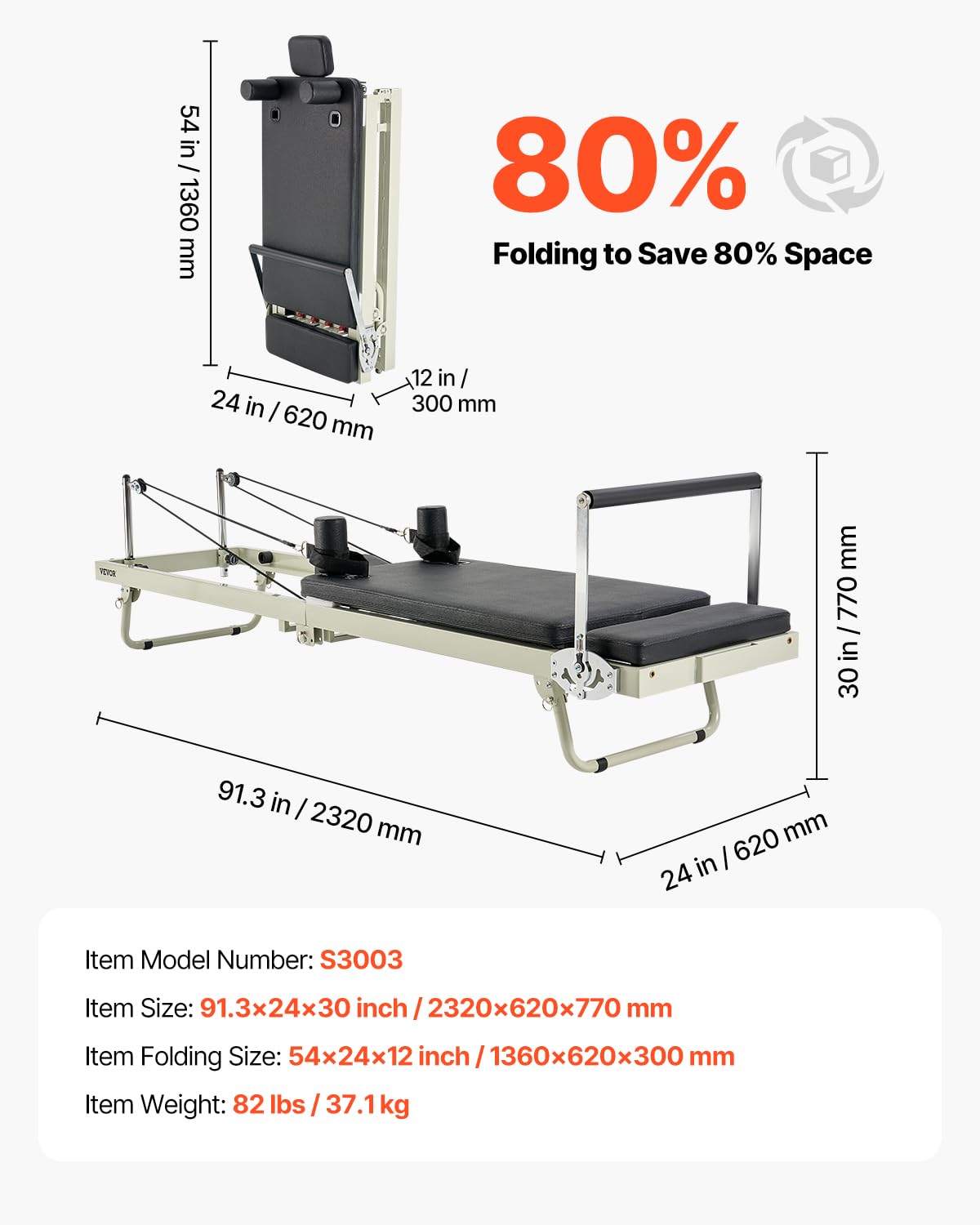 VEVOR Riformatore Pilates Pieghevole, Macchina per Allenamento Pilates per Palestra Casa, Letto Pilates con Doppia Resistenza Molla e Corda, per Utenti Avanzati Principianti, Fino a 181,4 kg