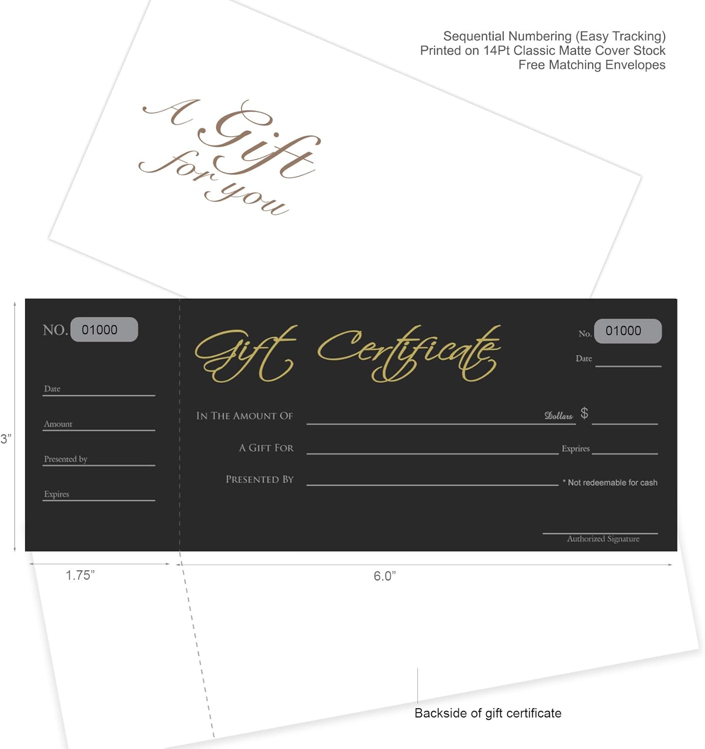 Blank Black Gift Certificates 25set, gift certificate for business, Comes with Free matching Envelopes, Sequential Number -White ink pen included