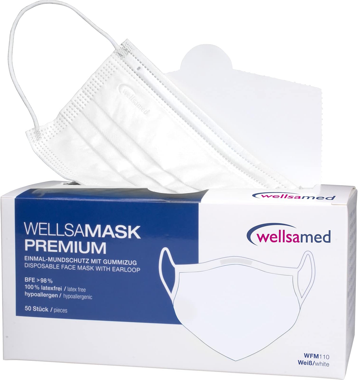Wellsamed Wellsamask Face Mask Surgical Masks Pack of 50 White Rubber Bands 3 Ply