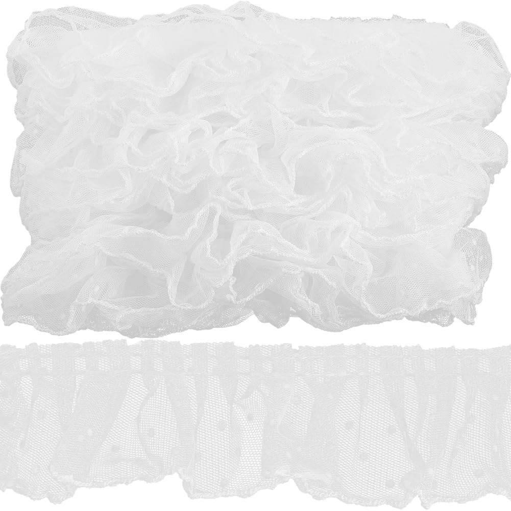 GORGECRAFT 10M Ruffled Lace Trim 6cm Wide Pleated Embroidered Organza Lace Edge Ribbon Fabric Polka Dot Wedding Bridal Dress Appliques Edging Trimmings for DIY Sewing Clothes Curtains Decor White