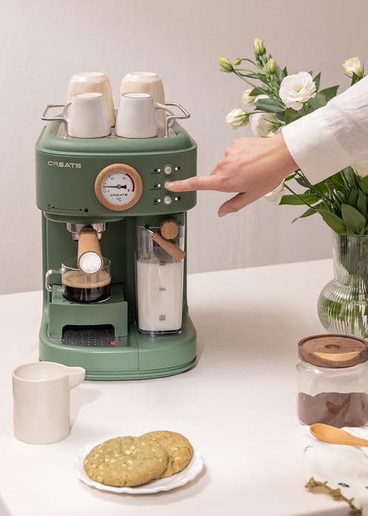 CREATE Thera Retro Pro Semi-Automatic Espresso Coffee Machine Grün-Sage / 20 Bar Milk Tank Drip Tray Two Spouts Capacity 1.5 L for Ground Coffee 1250 W