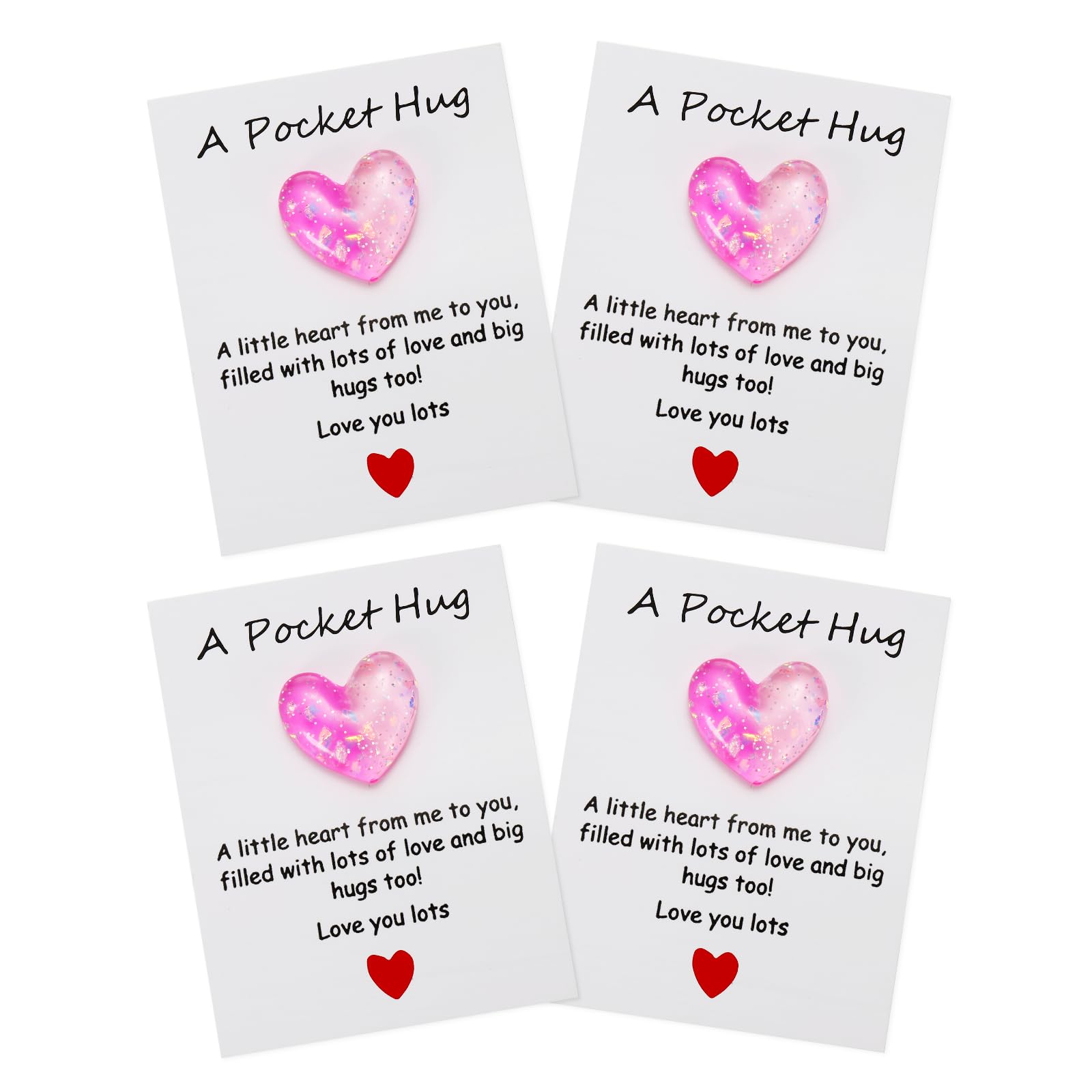 PATIKIL 4 Pack Pocket Hug Heart with Greeting Card, Pocket Hug Token Love Cards Cute A Little Resin Heart Shape Bulk for Friends Long Distance Relationship Gifts, Hot Pink