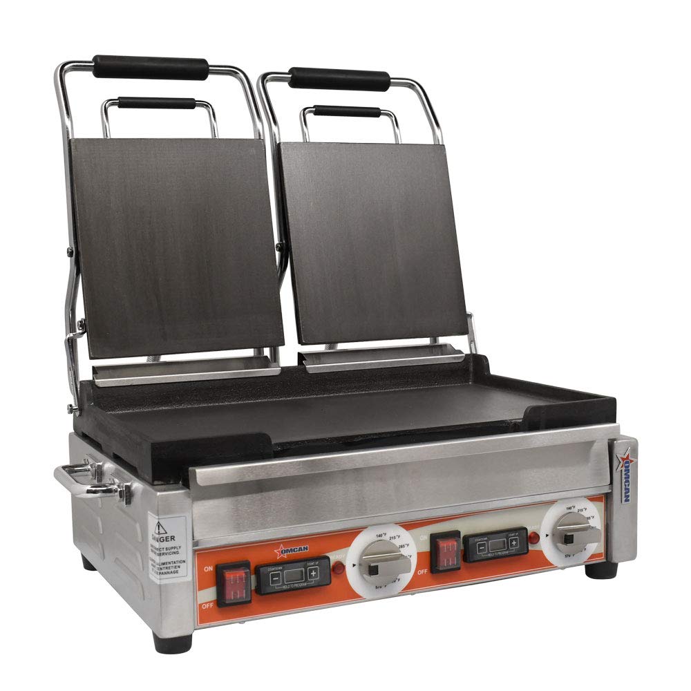 10″ X 18″ DOUBLE PANINI GRILL WITH TOP AND BOTTOM SMOOTH GRILL SURFACE WITH TIMER by Omcan – Cast Iron, Stainless Steel, Model 42913
