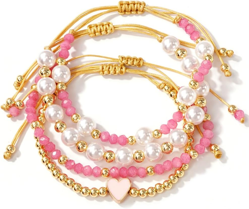 Pink Bracelets Bohemian Layer Heart Pearl Beaded Stacking for Women, Dainty Beads Crystal Gold Beaded Stretch Bracelet Couple Good Luck Charm Jewelry Birthday Gift - Image 7