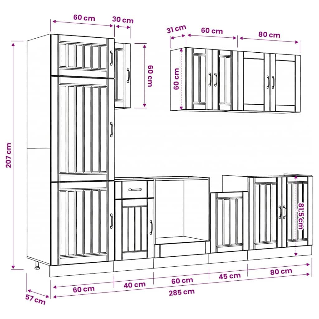 Set Mobili da Cucina 8 Pezzi Kalmar Nero in Legno | Soluzione modulare da cucina con pensili in vetro e piedini regolabili, ideale per ottimizzare ogni spazio.