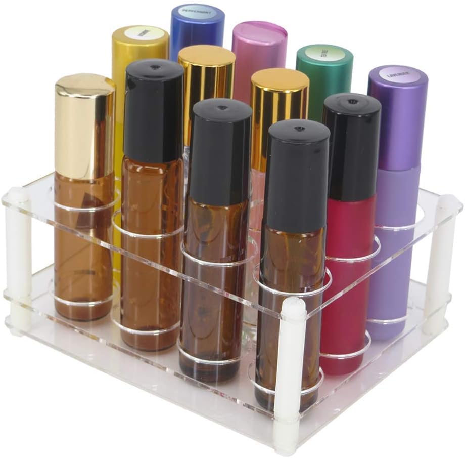 BOXIN 2-Pack Acrylic 2-in-1 Storage Rack, 12 Slots Each, Holds 10ml/15ml/20ml Essential Oils & Slim Lipsticks, Clear Desktop Vanity Organizer