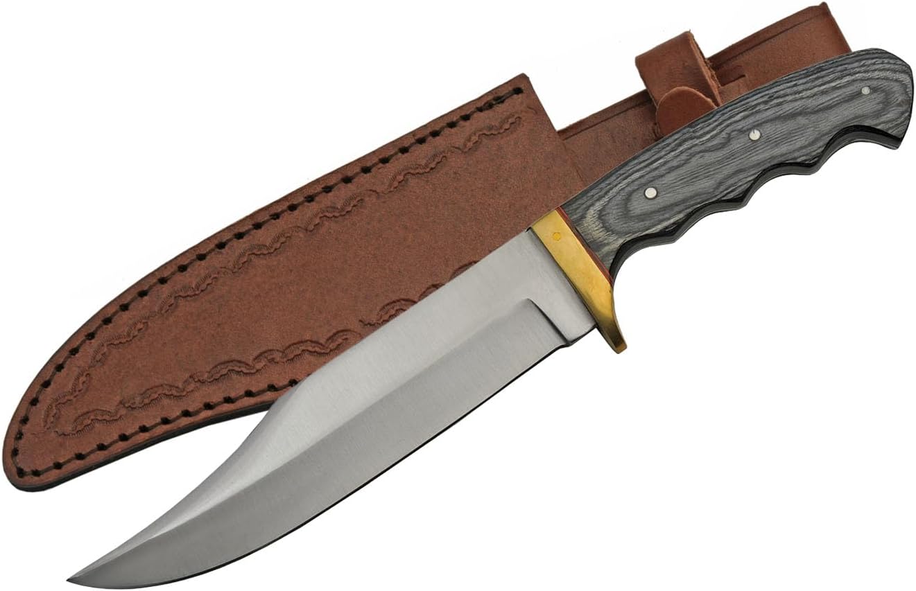 Full Tang Bowie Knife 12.25 Inch - Pocket Knifes with Stainless Steel Blade, Wood Handle, Brass Guard & Leather Sheath - Camping Knife for Hiking, Camping - Skinning knife for Men