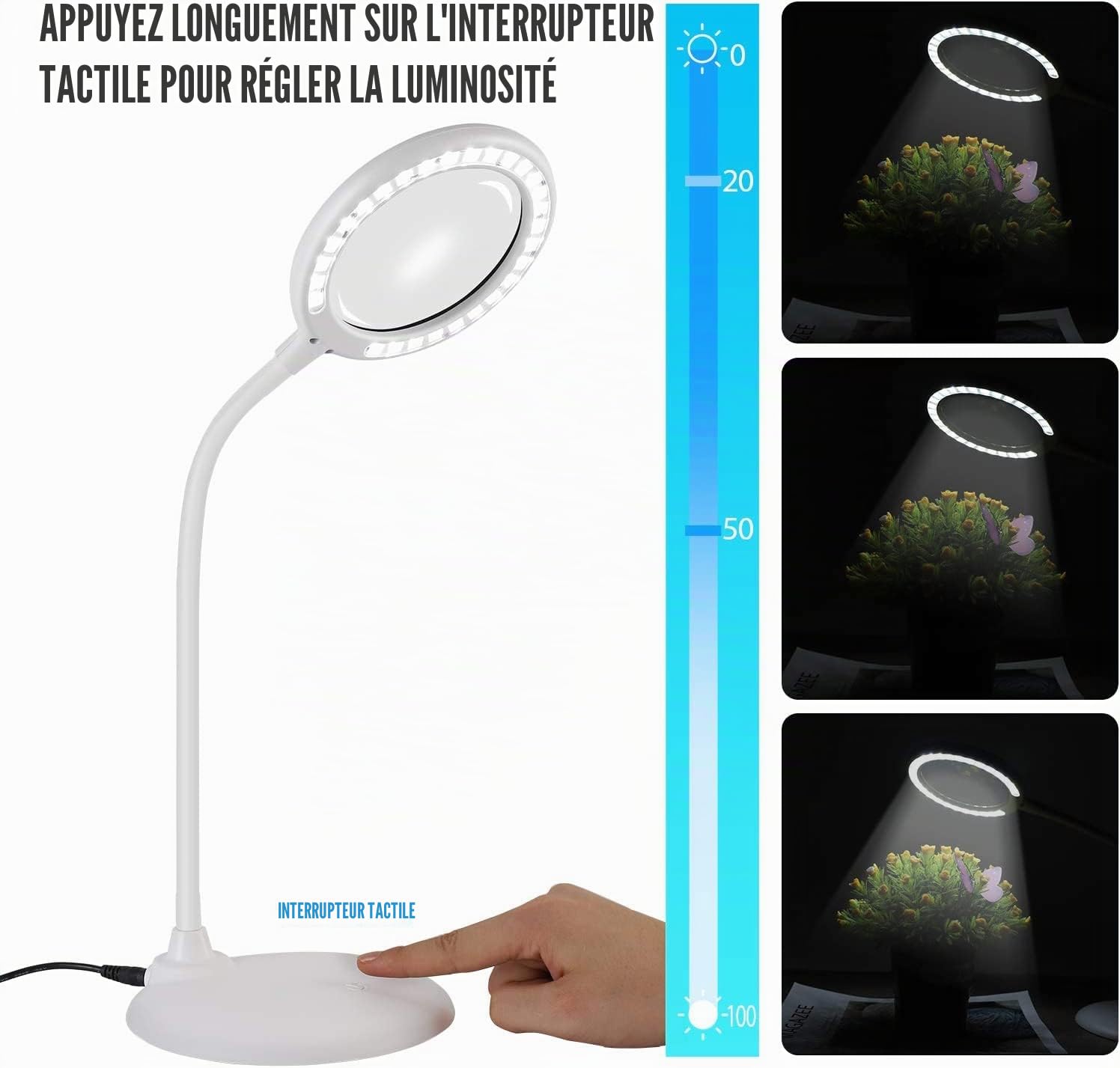 Loupe 3 x avec lumière et Support – Loupe Tactile à intensité Libre avec lumière LED pour Le Travail, la Lecture, Les Loisirs, la Couture, Les Loisirs créatifs (Blanc)