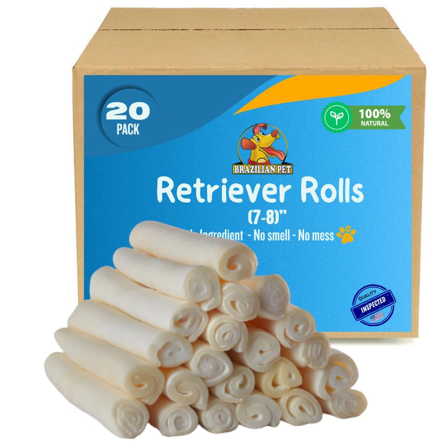 Brazilian Pet Premium Extra Thick Retriever Rolls 7-8 Inches (20 Pack), 100% Natural, Single Sheet Rawhide