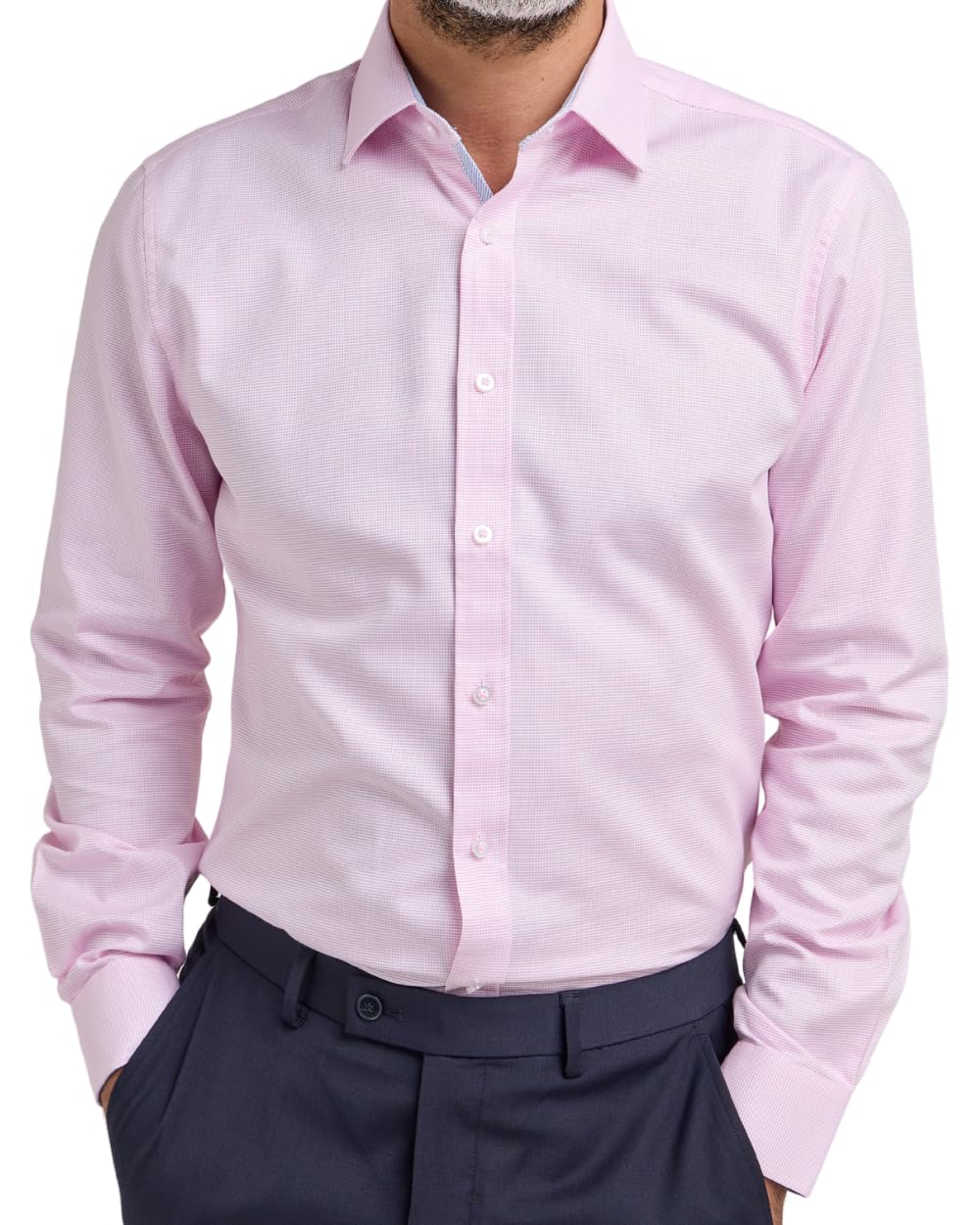 Double TWO Men's Formal Long Sleeve Shirt Classic Fit Birds-Eye Weave Business Shirt - Pink 17in Collar