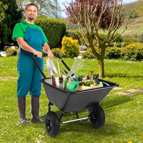 Image of Goplus 2 Wheel Wheelbarrow, 330 LBS Utility Garden Cart with 10 inch Pneumatic Tires & Handle, 21 Gal Volume, Yard Dump Cart Wheel Barrow, Heavy Duty Wheel Barrow for Lawn (Black Handle+Black Cart)