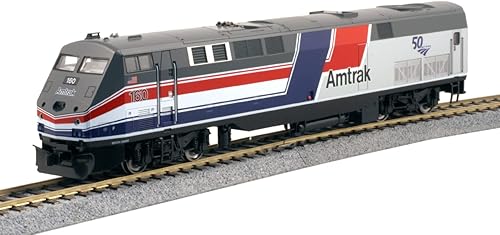 Kato USA Model Train Products HO GE P42 Amtrak Dash 8 pulgadas Fase III #160 con logotipo de 50 aniversario, rojo, plateado y azul (37-6116)