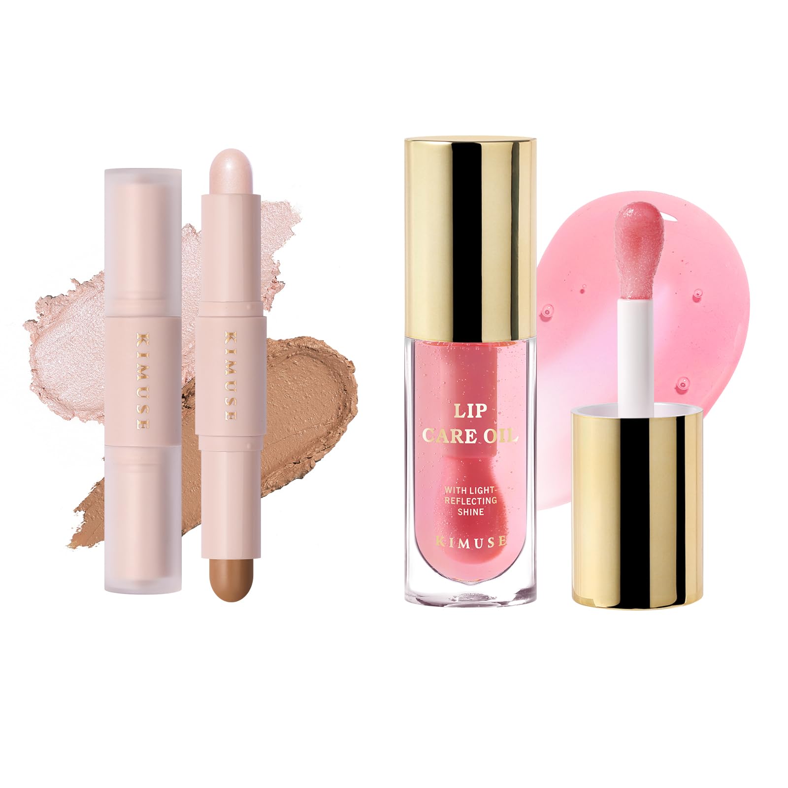 KIMUSE 2Color Dual Cream Contour Stick & High Shine Finish, Hydrating Lip Plumper Gloss Lip Care Sheer Lip Oil