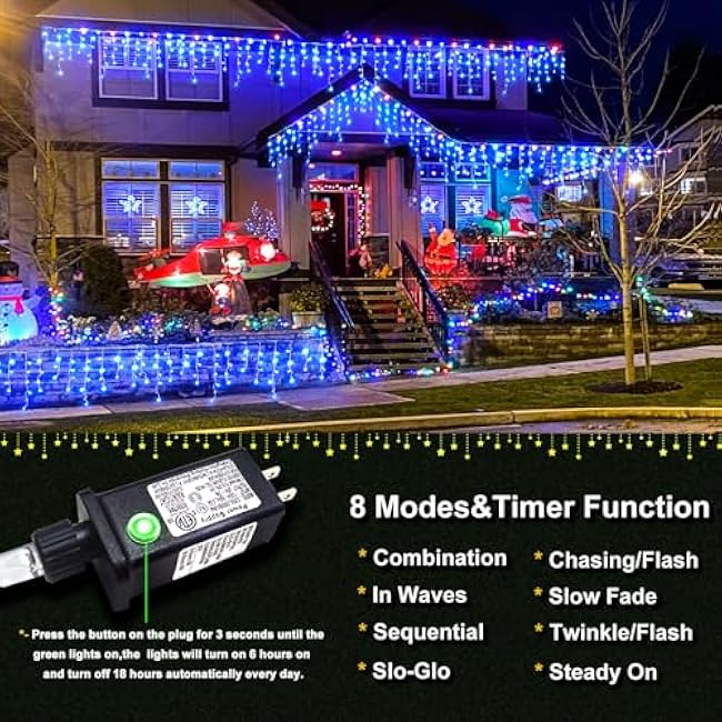 Icicle Christmas Lights Outdoor, 33 FT 400 LED Icicle Lights for Outside 8 Modes with 75 Drops, Plug in Waterproof Hanging Christmas Light for Holiday Pavilion Balcony Decorations, Blue