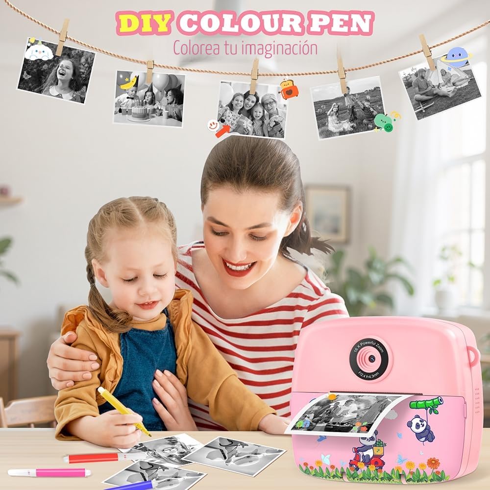 CNAPXAIA Camara Fotos Infantil Instantanea, 2,4'' Cámara Instantánea con Tarjeta de 32GB y Papel de Impresión, Cámara Niños Digital Regalos de Juguete para Niños y Niñas de 3 a 12 Años (Rosa)