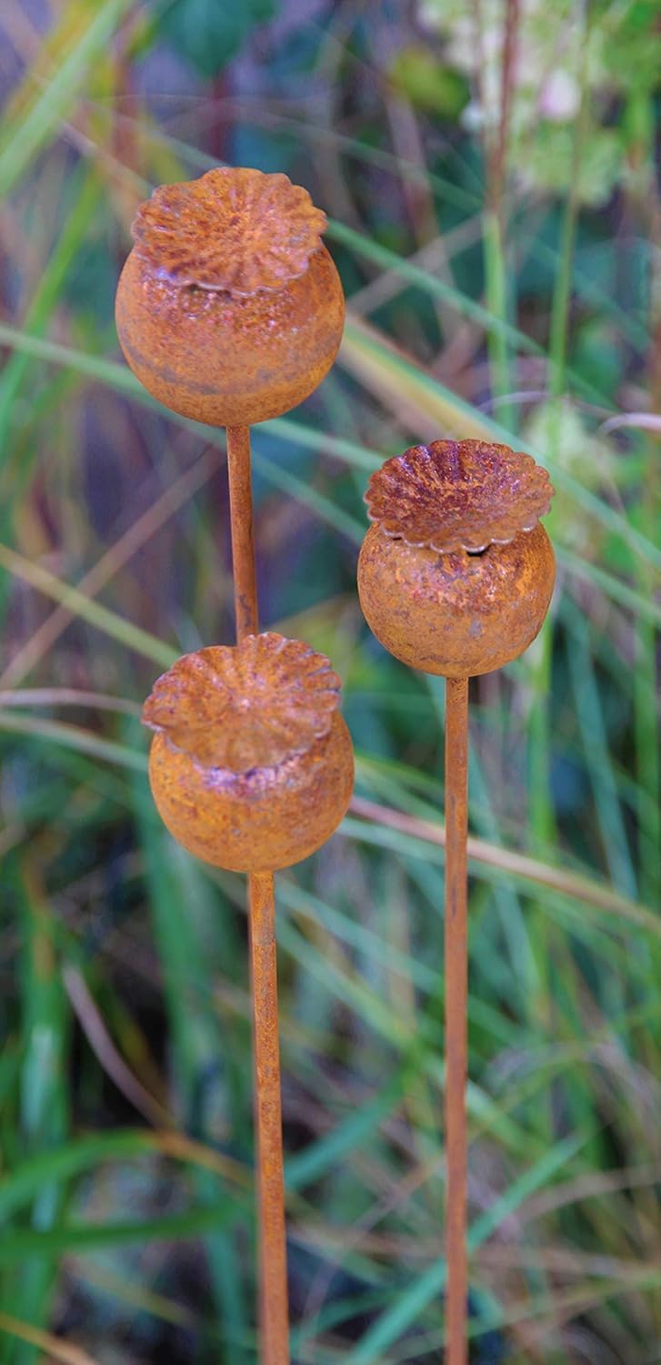 Gartenstecker Rost Deko Mohn Mohnkapsel Metall Rost Gartendeko Edelrost für Frühling, Garten, Wohnzimmer, Balkon (3er Set Mohnkapsel A)