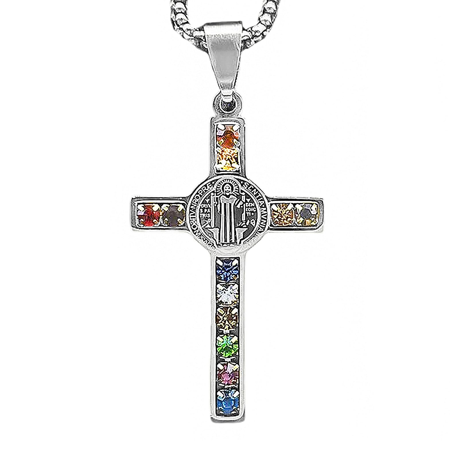 VHcgCGJ necklace， St. Benedict Exorcism Cross Necklace 12 Tribes of Israel & Holy City Jerusalem Gemstones(Silver)