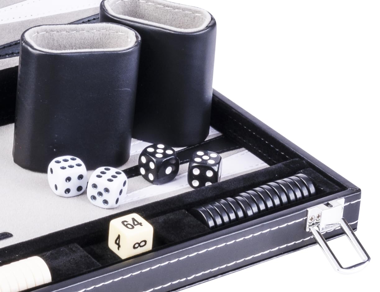 Engelhart – 250512 – Backgammon 11 cali – czarno-biało-szary – skóra sztuczna – filc – 2 osoby – gra podróżna