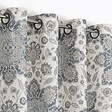 Blue Botanical Curtain Panel Linen Blended Vintage Medallion Floral Print Grommet Top Light Filtering Window Drapes 95 Inches Long for Bedroom/Living Room, Navy/Blue, 54'x95', 2 Panel