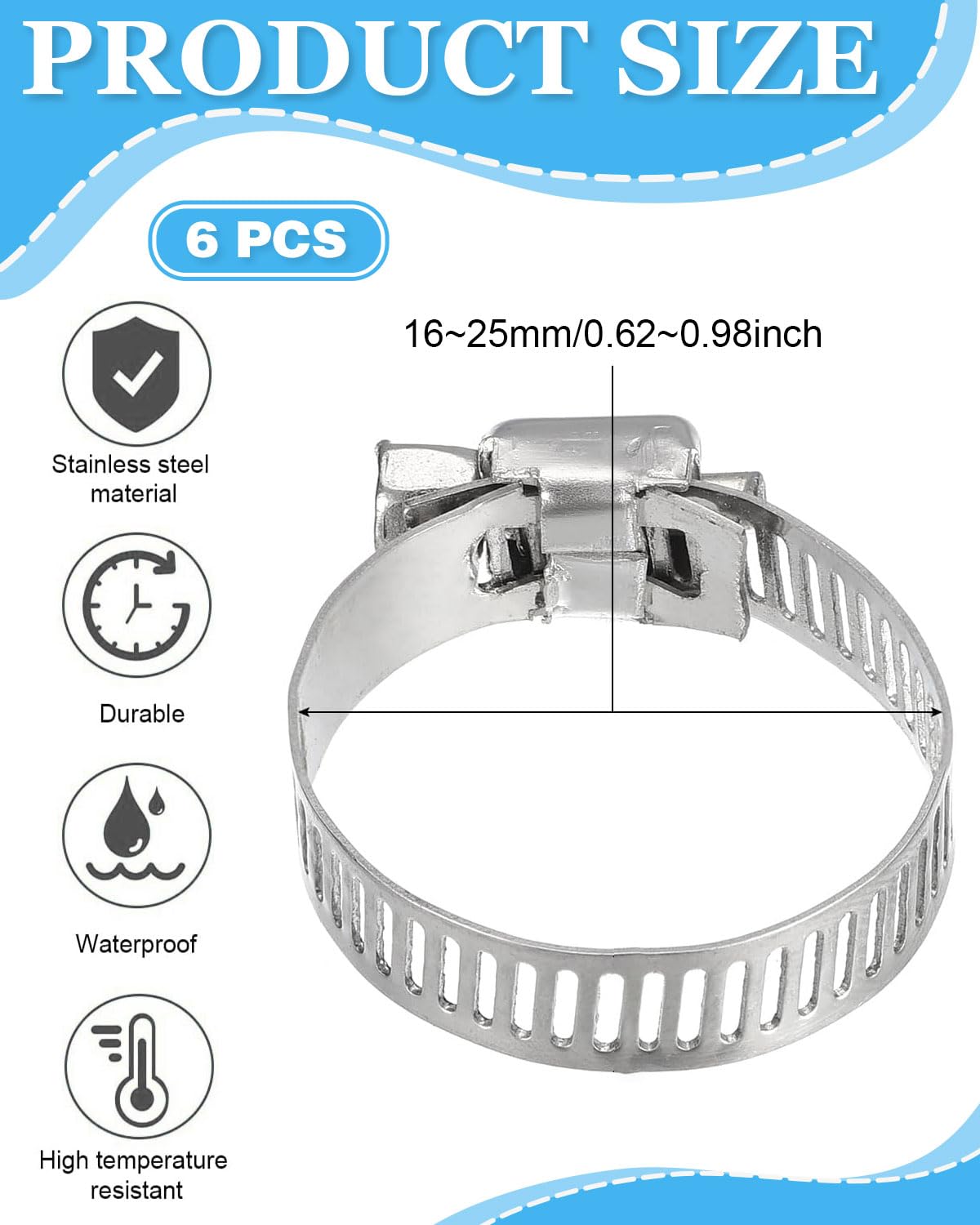 6 piezas Abrazaderas Metalicas para Tubos, Acero Inoxidable Ajustable 16-25 mm, Abrazaderas Tubo, de Manguera de Acero Inox para Mangueras Tubería de Agua Piscina