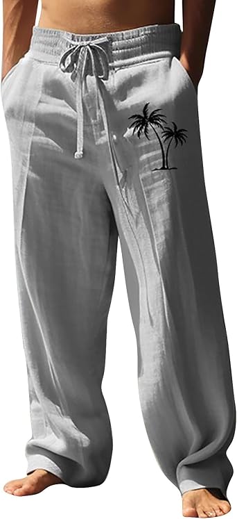 Mens Baggy Linen Hawaiian Yoga Trousers Elastic Waist Summer Wide Leg Beach Pants Lightweight Bohemian Gaucho Pants