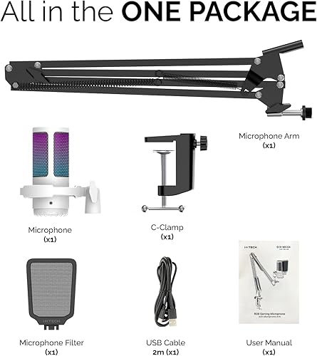 Miniatura 9 de IXTECH Micrófono para juegos para PC con brazo Boom, micrófono condensador podcast con filtro pop, botón de silencio rápido, perilla de ganancia,