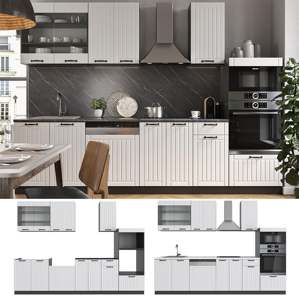 Vicco Küchenzeile Fame-Line, Weiß Landhaus/Anthrazit, 300 cm mit Hochschrank, ohne Arbeitsplatte, erweiterbar mit zusätzlichen Modulen und Variabler Anordnung