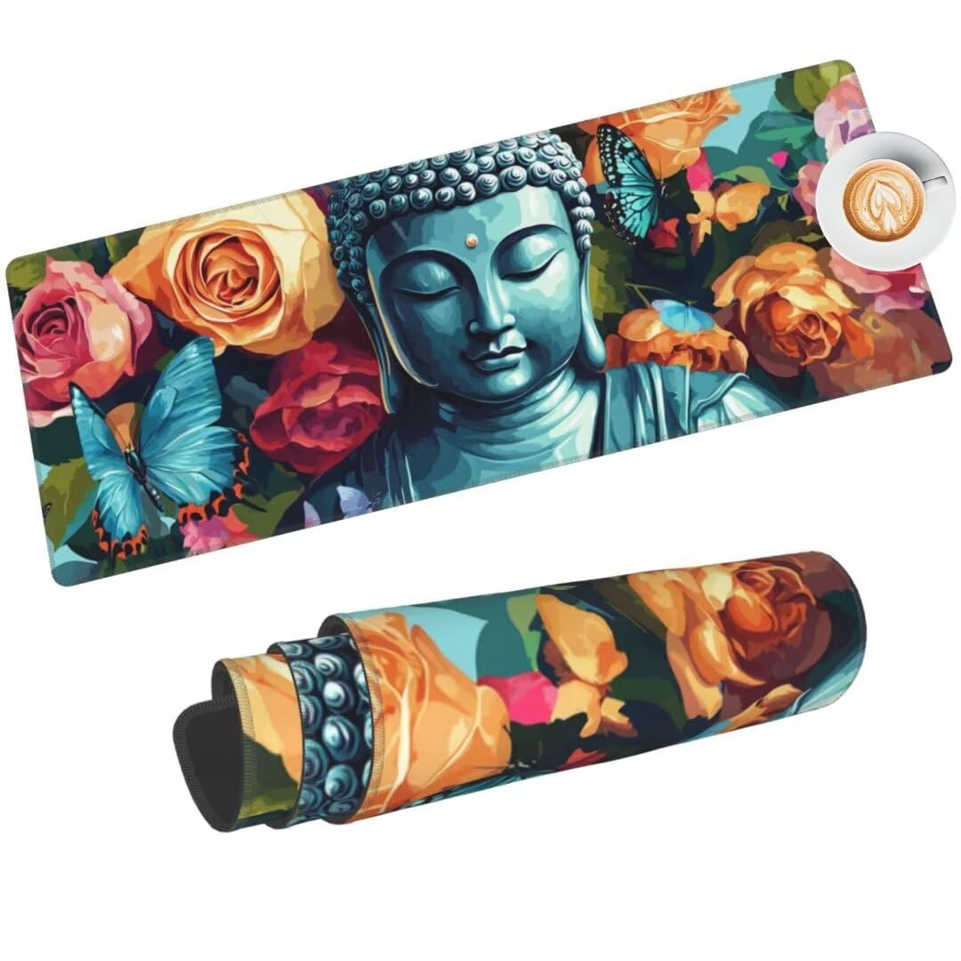 Podkładka pod mysz Budda 140 x 60 cm, duża podkładka pod mysz, mata na biurko, wodoodporna podkładka pod mysz z motywem kwiatowym, Zen, XXL, gamingowa podkładka pod mysz z antypoślizgową gumową
