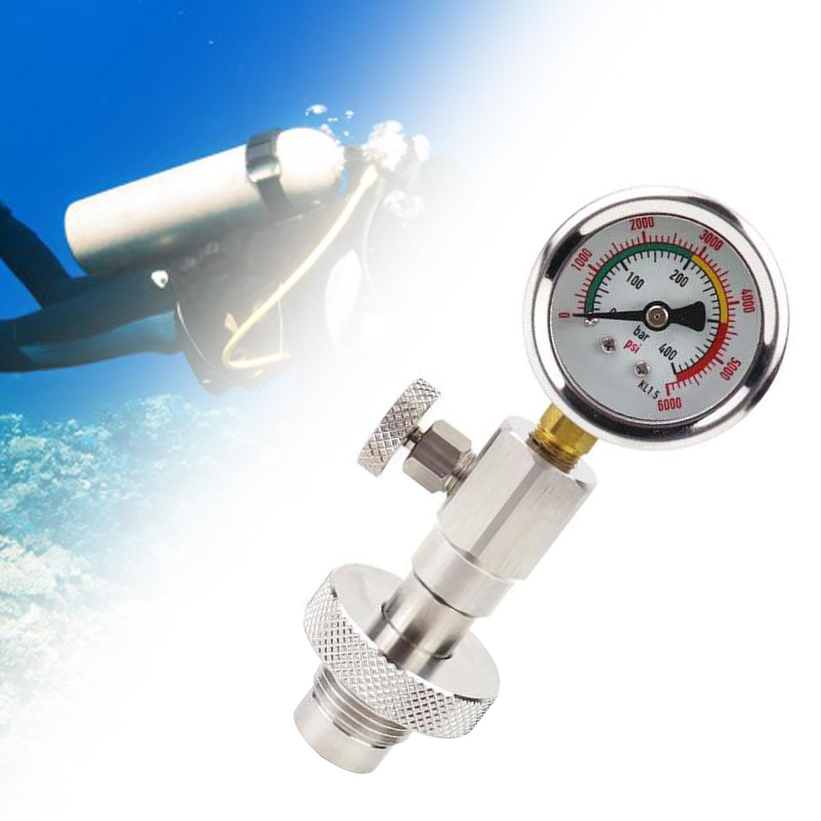 Yoke Tank Pressure Checker Scuba Diving Pressure Gauge Stainless Steel Compact Accessory,for Water Sports Underwater Diver