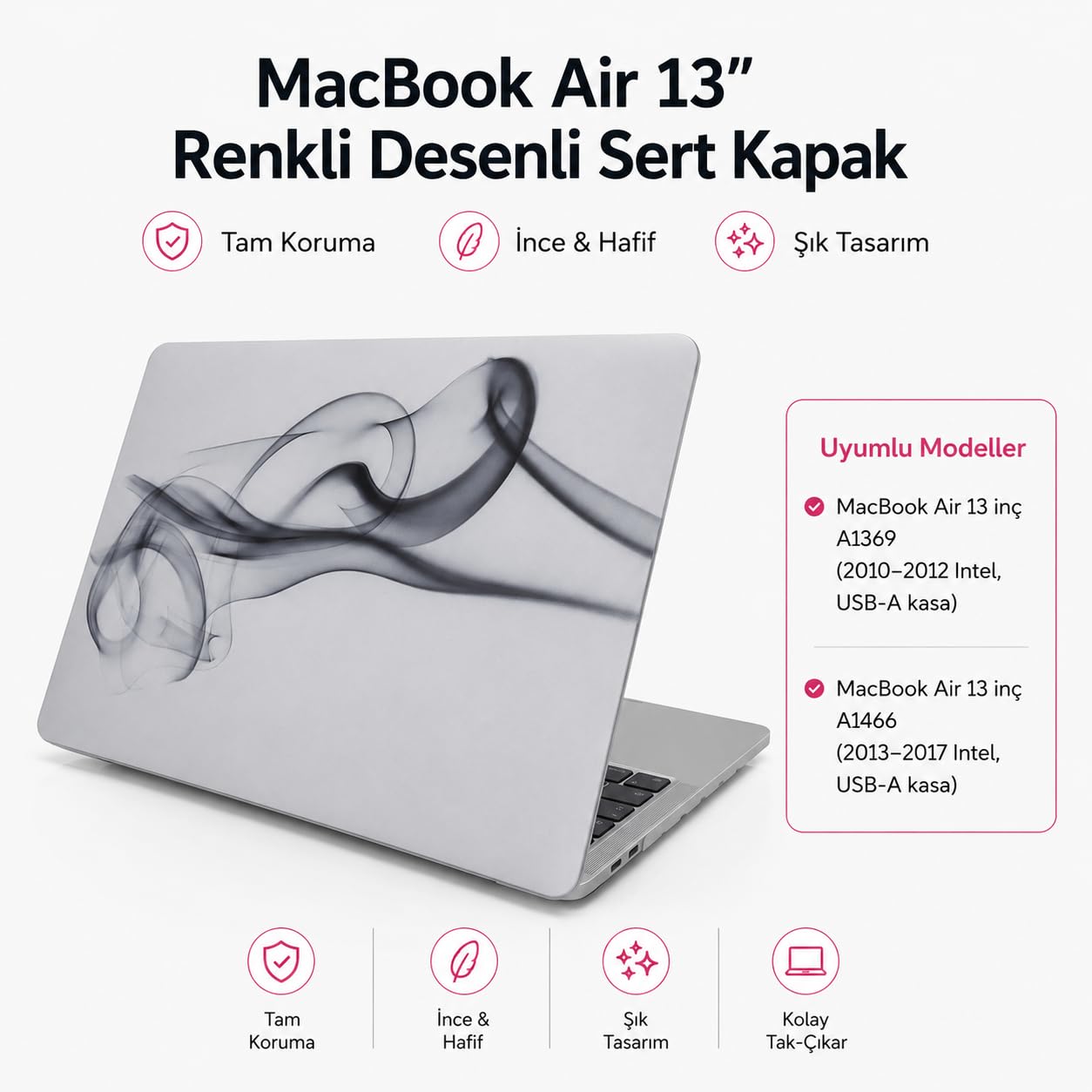 McStorey MacBook Air 13 inç Kılıf Uyumlu A1369 A1466 Renkli Boya Desenli İnce Sert Kapak Darbe Çizilme Koruma Hard Case Mat Yüzey Gri