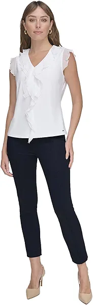 Tommy Hilfiger Women's Work Shirt Sleeveless Ruffle Front Shirts