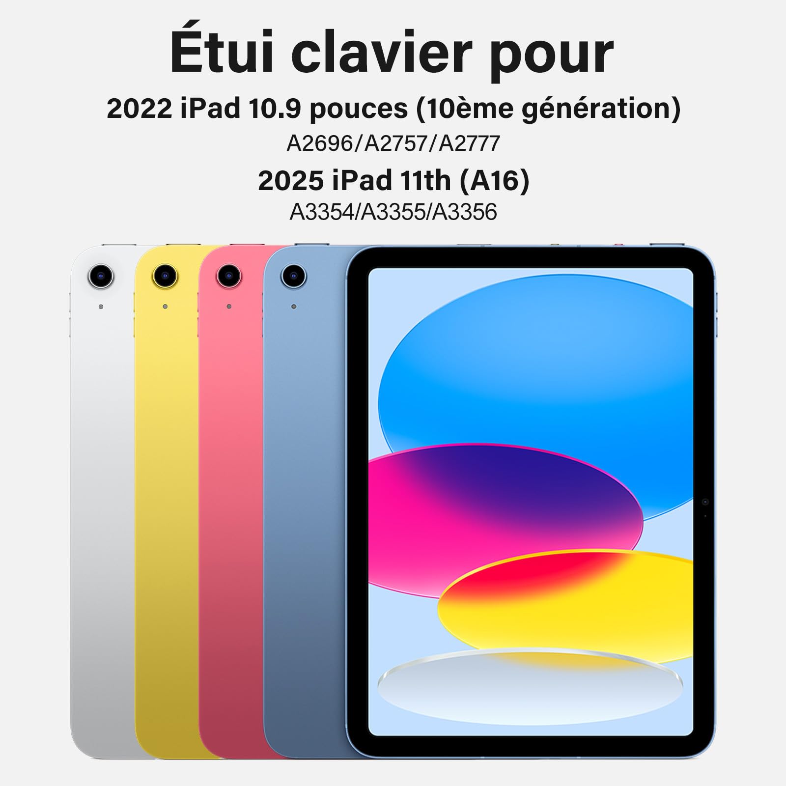 BQSS Coque Clavier pour iPad A16 11/10 Ème Génération(11 Pouces 2025/10.9 Pouces 2022), AZERTY Français, Housse Amovible avec Clavier Bluetooth sans Fil pour iPad 2022 10eme/11eme